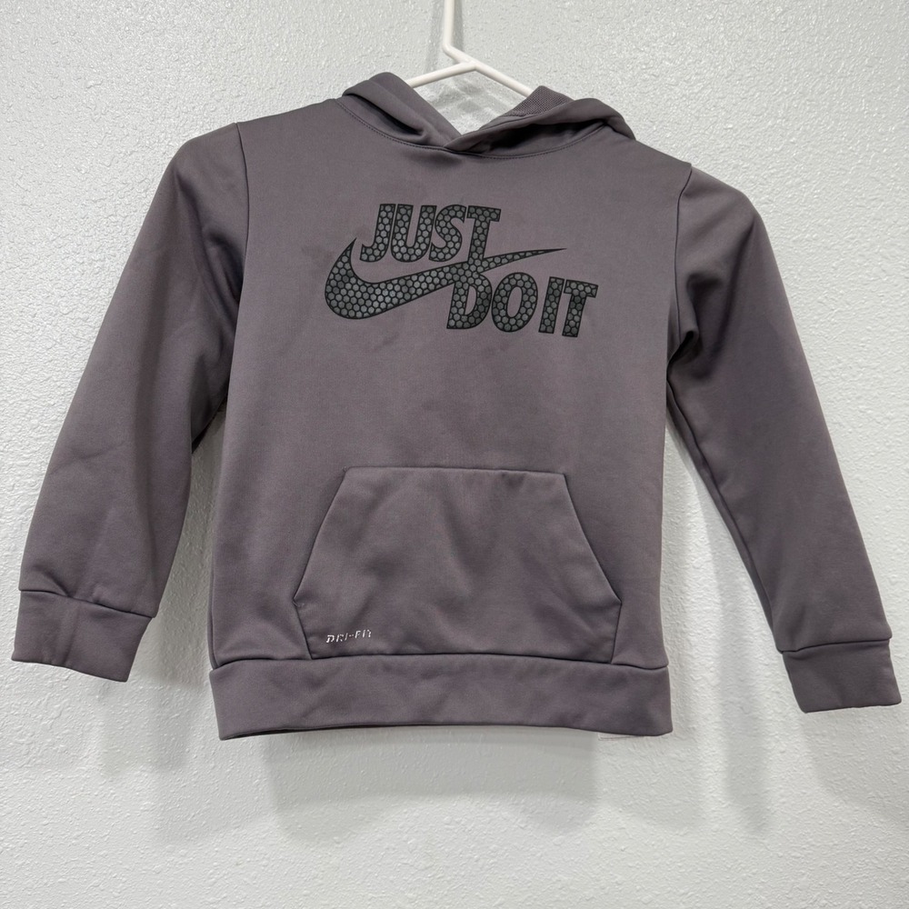 Kids Nike‎ Dri-FIT Gray Hoodie Just Do It Logo Pullover Sweatshirt Size 7